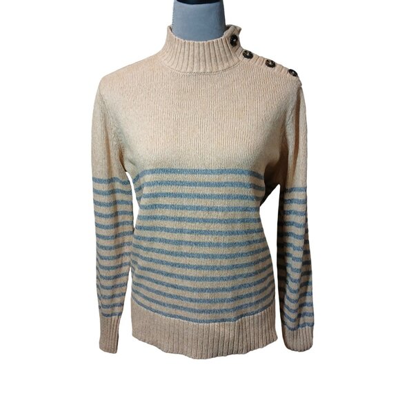St Johns Bay Womens Mock Neck Sweater Beige Blue Stripe Button Shoulder XL - Picture 1 of 7